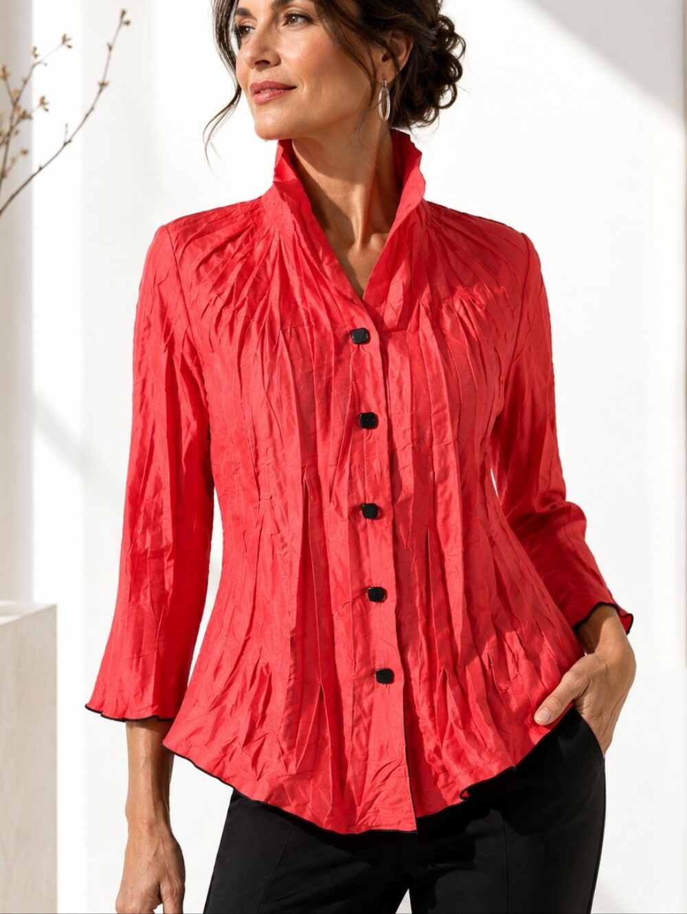 Vintage Beluva San Francisco Crinkle Pleated Jacket Shirt Red Art To Wear Medium